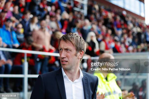 Graham Potter, head coach of Ostersunds FK during the Allsvenskan match between Ostersunds FK and IFK Norrkoping at Jamtkraft Arena on May 5, 2018 in...