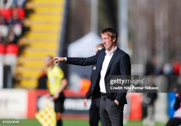 Graham Potter, head coach of Ostersunds FK during the Allsvenskan match between Ostersunds FK and IFK Norrkoping at Jamtkraft Arena on May 5, 2018 in...