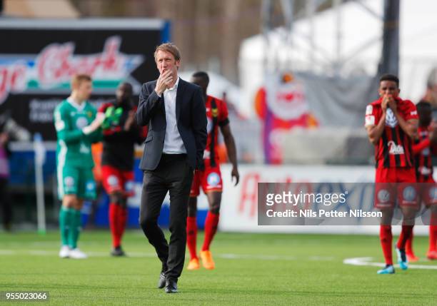 Graham Potter, head coach of Ostersunds FK during the Allsvenskan match between Ostersunds FK and IFK Norrkoping at Jamtkraft Arena on May 5, 2018 in...