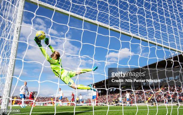 Isak Pettersson of IFK Norrkoping makes a save during the Allsvenskan match between Ostersunds FK and IFK Norrkoping at Jamtkraft Arena on May 5,...