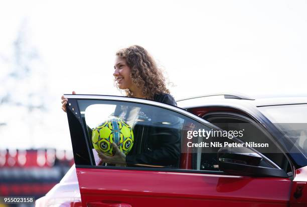 Olympic biathlon gold medalist Hanna Oeberg delivers the match ball ahead of the Allsvenskan match between Ostersunds FK and IFK Norrkoping at...