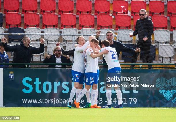 Arnor Sigurdsson of IFK Norrkoping celebrates after scoring to 0-1 uring the Allsvenskan match between Ostersunds FK and IFK Norrkoping at Jamtkraft...