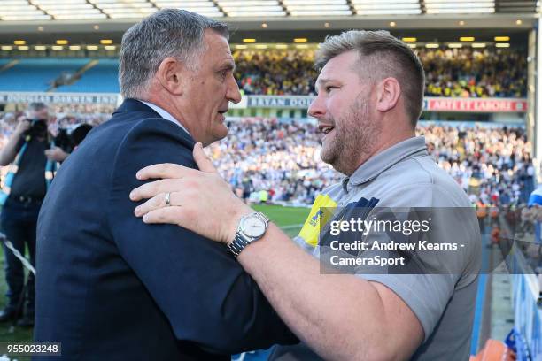 Blackburn Rovers' manager Tony Mowbray greets Oxford United's manager Karl Robinson during the Sky Bet League One match between Blackburn Rovers and...