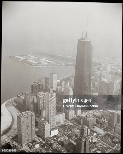 John hancock center and surrounding buildings, circa July or August 1969, Chicago, Illinois, USA.