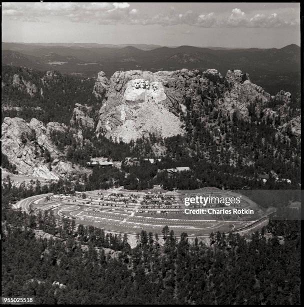 Aerial view of mount rushmore in the black hills of south dakota, Presidential visages appear to overlook the parking lot at Mount Rushmore National...