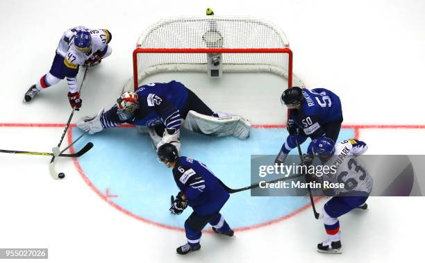 Harri Sateri, goaltender of Finland tends net against Korea during the 2018 IIHF Ice Hockey World Championship group stage game between Finland and...