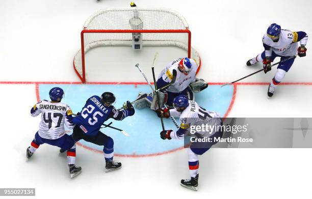 Matt Dalton, goaltender of Korea tends net against Finland during the 2018 IIHF Ice Hockey World Championship group stage game between Finland and...