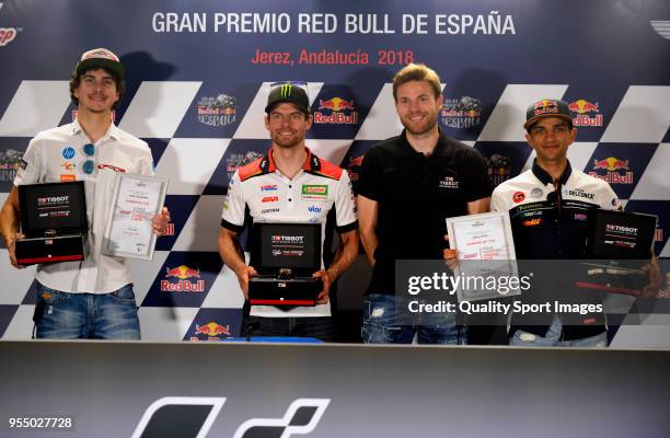 Lorenzo Baldassarri of Italy and Pons Hp40 Kalex, Cal Crutchlow of England and LCR Honda Castrol, Asier Illarramendi player of Real Sociedad and...
