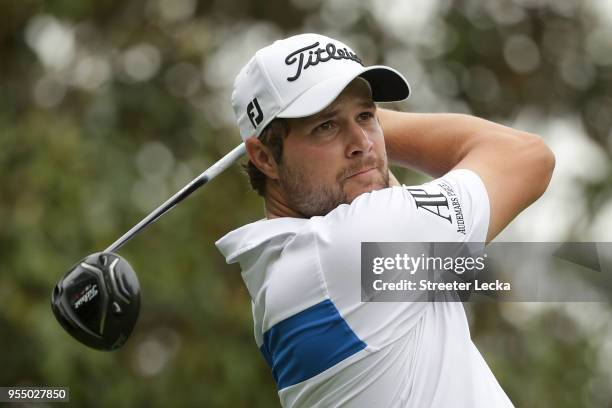 Peter Uihlein plays his tee shot on the 16th hole during the third round of the 2018 Wells Fargo Championship at Quail Hollow Club on May 5, 2018 in...