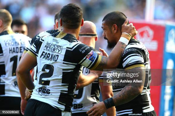 Bureta Faraimo and Sika Manu of Hull FC celebrate during the Betfred Super League match between Hull FC and Castleford Tigers at KCOM Stadium on May...