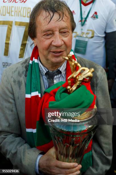 Lokomotiv Moscow head coach Yuri Semin with the Russian Football League trophy after the match between FC Lokomotiv Moscow and FC Zenit Saint...