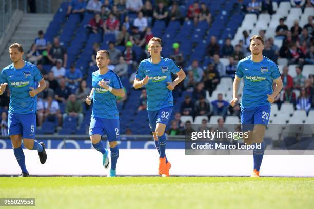 Niklas Stark, Peter Pekarik, Palko Dardai and Florian Baak of Hertha BSC before the Bundesliga game between Hannover 96 and Hertha BSC at HDI Arena...