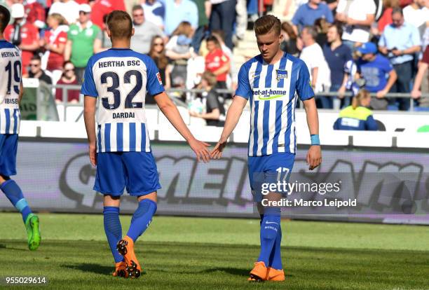 Palko Dardai and Maximilian Mittelstaedt of Hertha BSC after the Bundesliga game between Hannover 96 and Hertha BSC at HDI Arena on May 5, 2018 in...