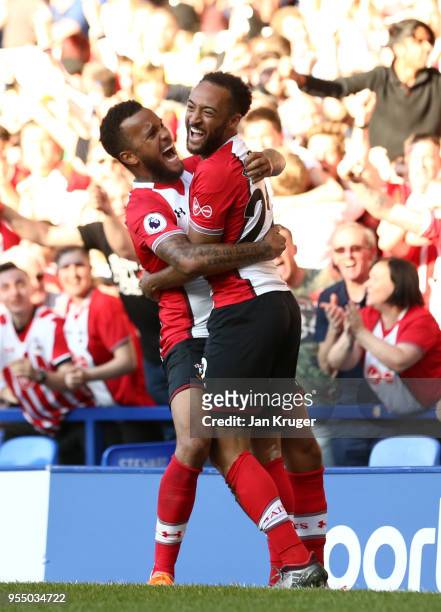 Nathan Redmond of Southampton celebrates with Ryan Bertrand of Southampton after scoring his sides first goal during the Premier League match between...
