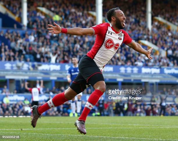 Nathan Redmond of Southampton celebrates after scoring his sides first goal during the Premier League match between Everton and Southampton at...