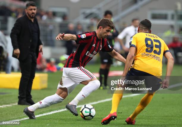 Fabio Borini of AC Milan is challenged by Mohamed Fares of Hellas Verona FC during the serie A match between AC Milan and Hellas Verona FC at Stadio...