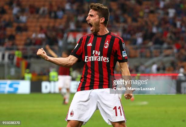 Fabio Borini of AC Milan celebrates his goal during the serie A match between AC Milan and Hellas Verona FC at Stadio Giuseppe Meazza on May 5, 2018...
