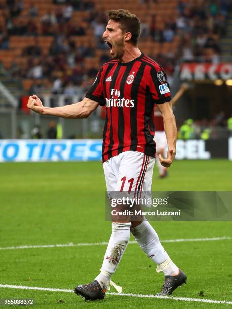 Fabio Borini of AC Milan celebrates his goal during the serie A match between AC Milan and Hellas Verona FC at Stadio Giuseppe Meazza on May 5, 2018...