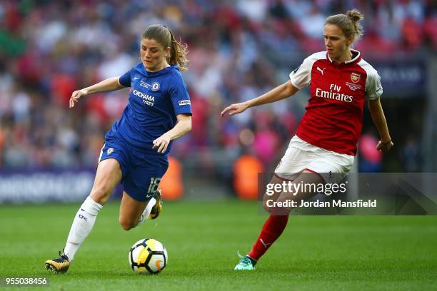 Maren Mjelde of Chelsea holds off pressure from Vivianne Miedema of Arsena during the SSE Women's FA Cup Final match between Arsenal Women and...