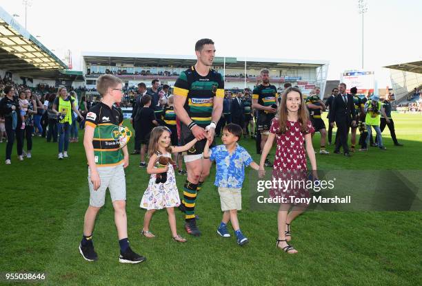 George North of Northampton Saints on a lap of honour after the Aviva Premiership match between Northampton Saints and Worcester Warriors at...