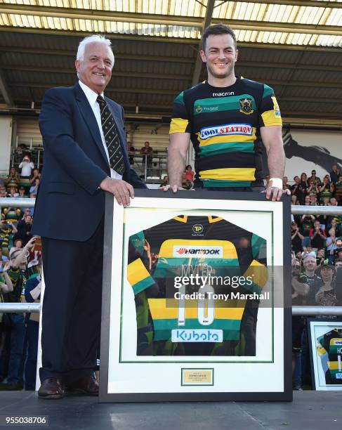 Stephen Myler of Northampton Saints is presented with a club shirt after playing his last match for Northampton Saints during the Aviva Premiership...