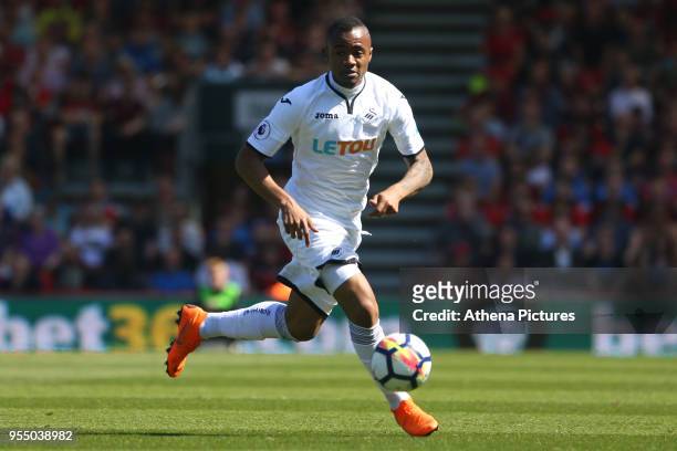 Jordan Ayew of Swansea City during the Premier League match between AFC Bournemouth and Swansea City at Vitality Stadium on May 5, 2018 in...