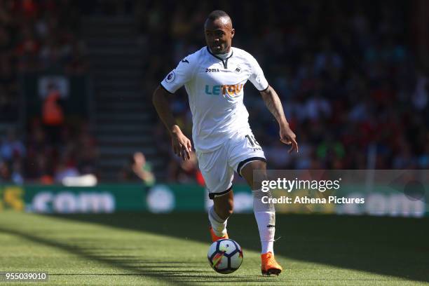 Jordan Ayew of Swansea City during the Premier League match between AFC Bournemouth and Swansea City at Vitality Stadium on May 5, 2018 in...