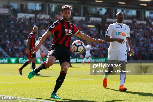 Simon Francis of Bournemouth clears the ball during the Premier League match between AFC Bournemouth and Swansea City at Vitality Stadium on May 5,...