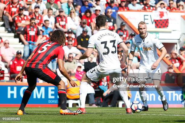 Mike van der Hoorn of Swansea City during the Premier League match between AFC Bournemouth and Swansea City at Vitality Stadium on May 5, 2018 in...