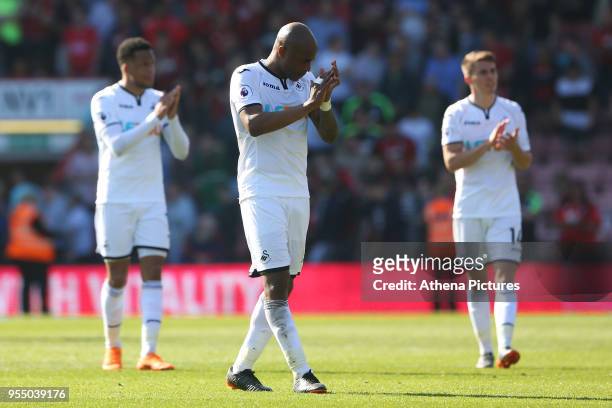 Andre Ayew of Swansea City applauds the fan after the final whistle during the Premier League match between AFC Bournemouth and Swansea City at...