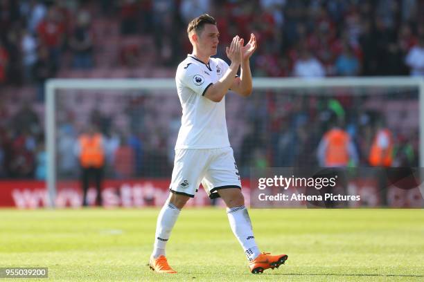 Connor Roberts of Swansea City applauds the fan after the final whistle of the Premier League match between AFC Bournemouth and Swansea City at...