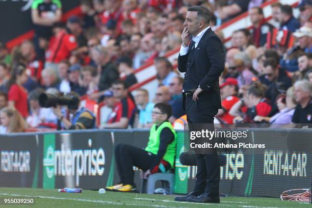 Swansea City manager Carlos Carvalhal during the Premier League match between AFC Bournemouth and Swansea City at Vitality Stadium on May 5, 2018 in...