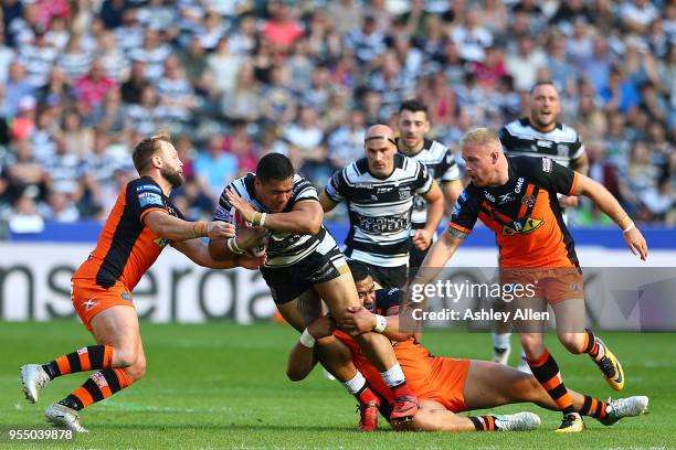 Bureta Faraimo of Hull FC is tackled during the Betfred Super League match between Hull FC and Castleford Tigers at KCOM Stadium on May 5, 2018 in...