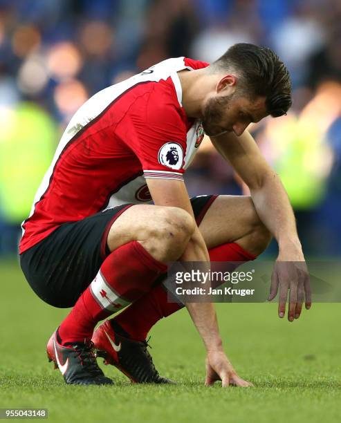 Wesley Hoedt of Southampton reacts at the full time whistle after the Premier League match between Everton and Southampton at Goodison Park on May 5,...
