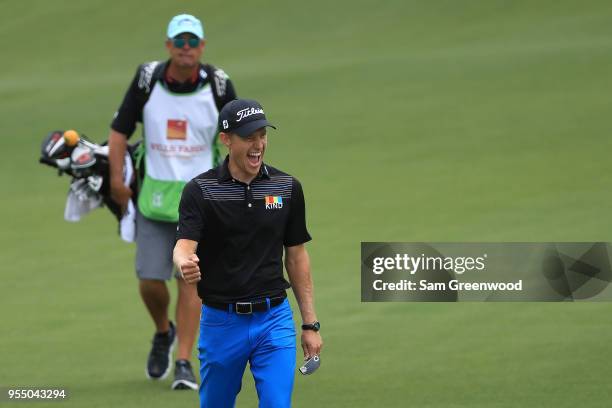 Peter Malnati reacts following his second shot on the first hole during the third round of the 2018 Wells Fargo Championship at Quail Hollow Club on...