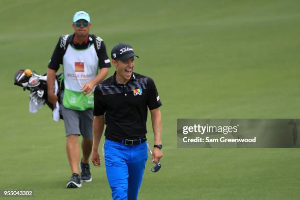 Peter Malnati reacts following his second shot on the first hole during the third round of the 2018 Wells Fargo Championship at Quail Hollow Club on...