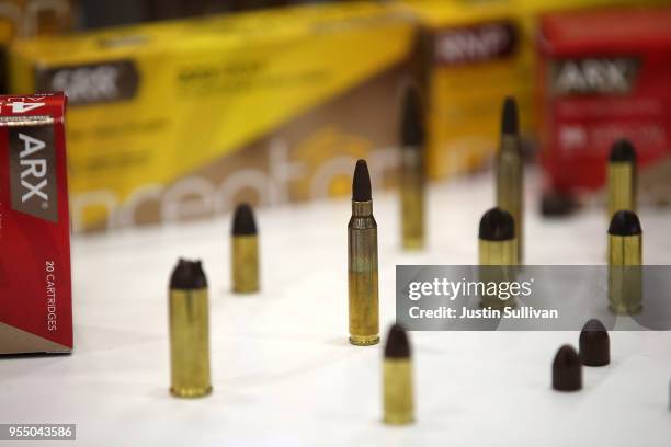 Ammunition is displayed during the NRA Annual Meeting & Exhibits at the Kay Bailey Hutchison Convention Center on May 5, 2018 in Dallas, Texas. The...