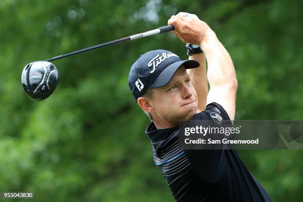 Peter Malnati plays his tee shot on the second hole during the third round of the 2018 Wells Fargo Championship at Quail Hollow Club on May 5, 2018...