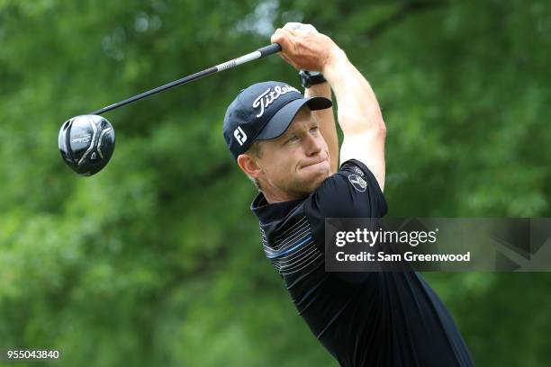 Peter Malnati plays his tee shot on the second hole during the third round of the 2018 Wells Fargo Championship at Quail Hollow Club on May 5, 2018...