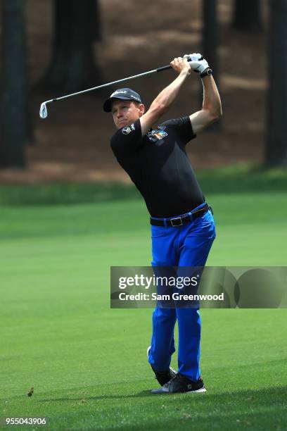 Peter Malnati plays his second shot from the second fairway during the third round of the 2018 Wells Fargo Championship at Quail Hollow Club on May...