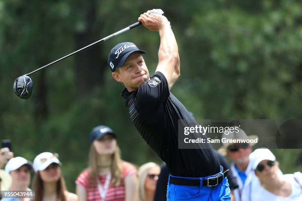 Peter Malnati plays his tee shot on the third hole during the third round of the 2018 Wells Fargo Championship at Quail Hollow Club on May 5, 2018 in...