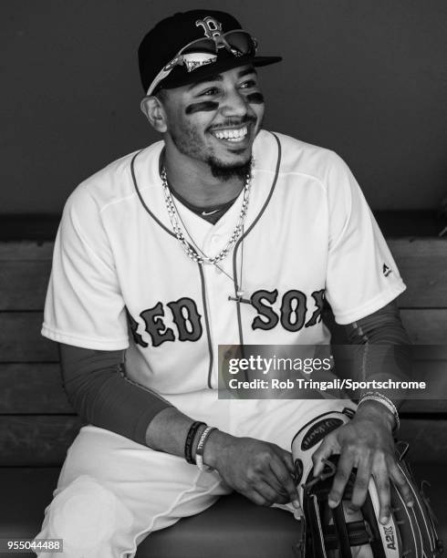 "n Mookie Betts of the Boston Red Sox looks on before the game against the Kansas City Royals at Fenway Park on Wednesday May 2, 2018 in Boston,...