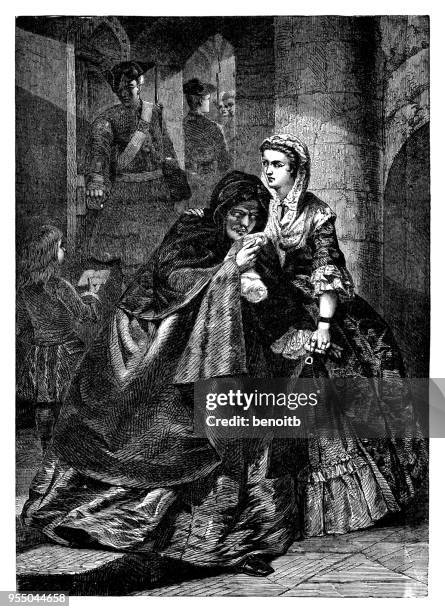 the escape of lord nithsdale from the tower of london - tower of london interior stock illustrations