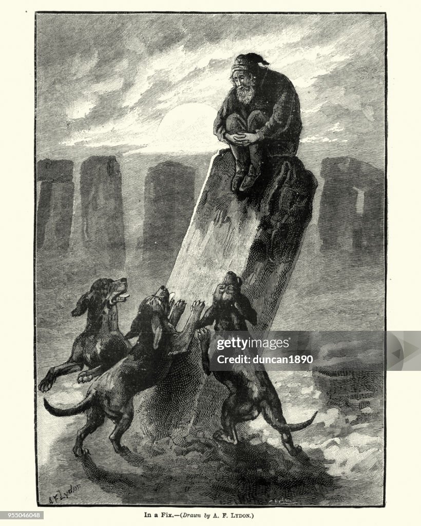 Man chased by a pack of dogs up a standing stone