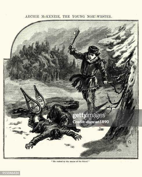 young fur trapper rescuing his friend from a wolverine - wilderness rescue stock illustrations