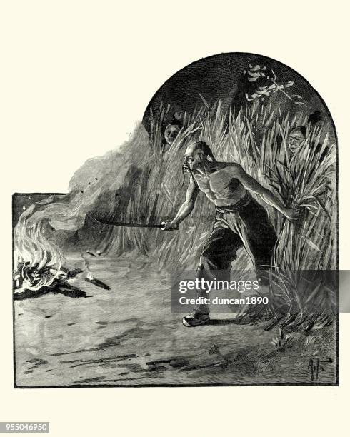 chinese pirate creeping through undergrowth, 19th century - chinese indonesians stock illustrations