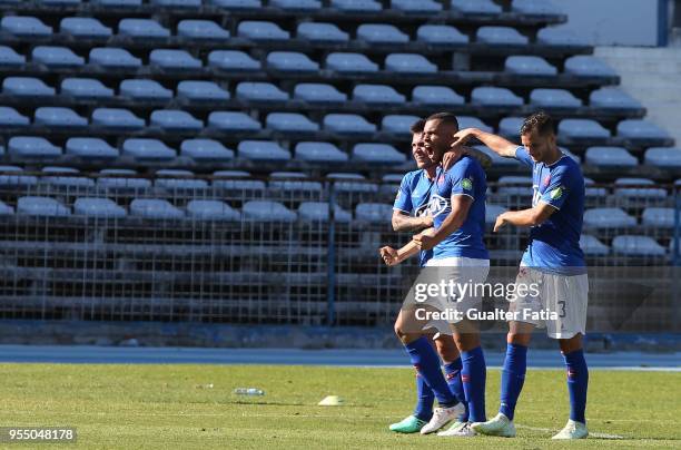 Os Belenenses forward Maurides from Brazil celebrates with teammates after scoring a goal during the Primeira Liga match between CF Os Belenenses and...