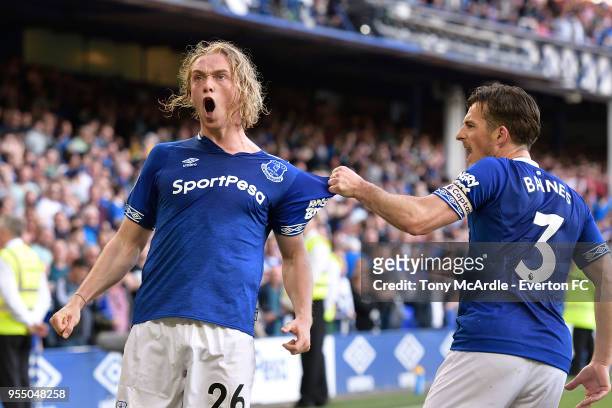 Tom Davies of Everton celebrates his goal during the Premier League match between Everton and Southampton at Goodison Park on May 5, 2018 in...