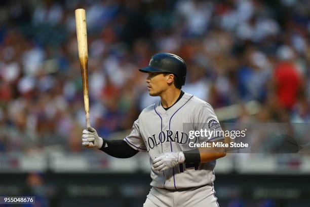 Tony Wolters of the Colorado Rockies bats against the New York Mets at Citi Field on May 4, 2018 in the Flushing neighborhood of the Queens borough...