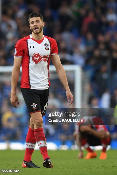 Southampton's Dutch defender Wesley Hoedt reacts at the final whistle during the English Premier League football match between Everton and...